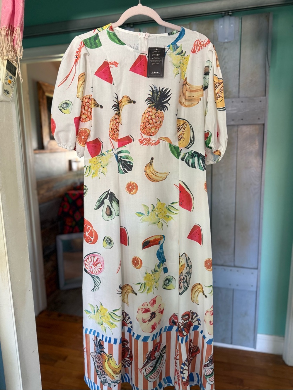 Love Celine Cream Dress with Red and Green Tropical Print